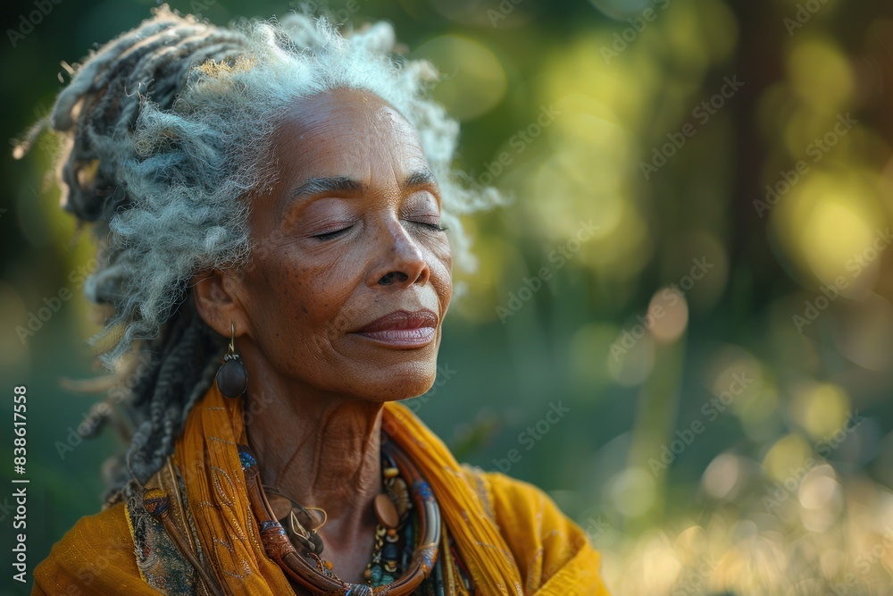 The old woman was closing her eyes while smiling slightly The old woman was closing her eyes while smiling slightly