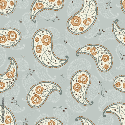 Paisley Bandana Ornament with Peony Flowers. Vintage Oriental Paisley Seamless Pattern. Vector Floral Pink Background. Great for Silk Neck Scarf, Headscarf, Kerchief. Brown and Gray Color. Hand drawn.