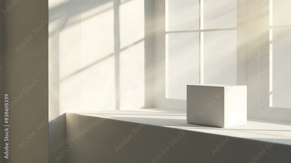 Fototapeta premium A Minimalist White Box on the Windowsill, with Soft Sunlight Streaming in from Outside through the Window, Casting Gentle Shadows across its Surface.