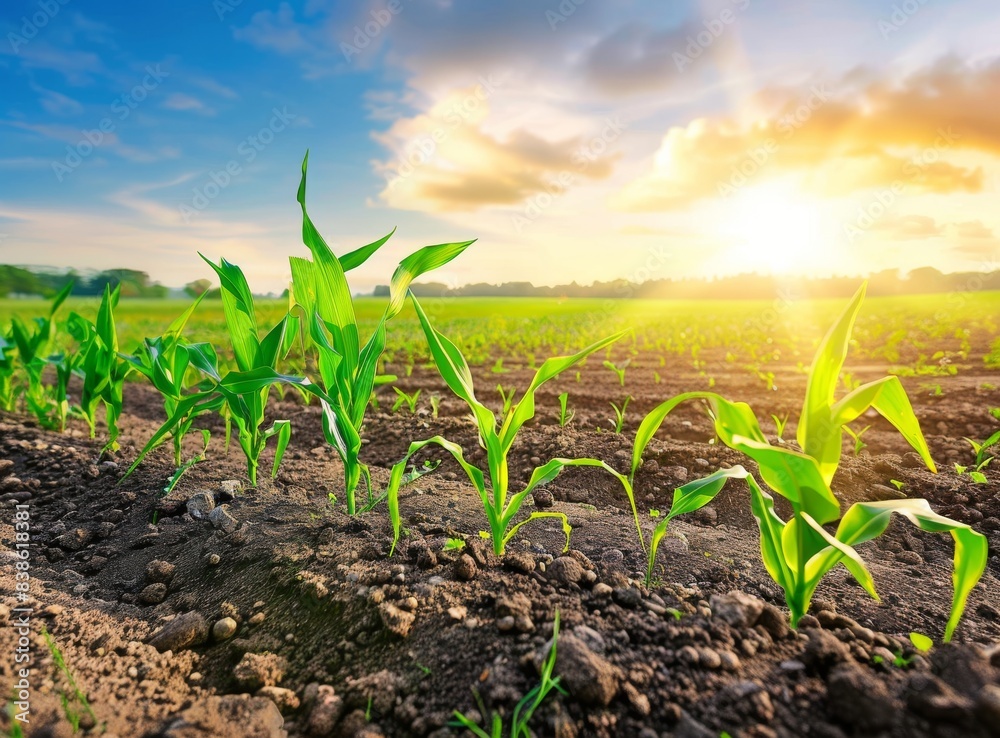 Green corn field with a beautiful blue sky at sunset. Green grass in the farmland. Green corn field with a beautiful blue sky at sunset. Green grass in the farmland.