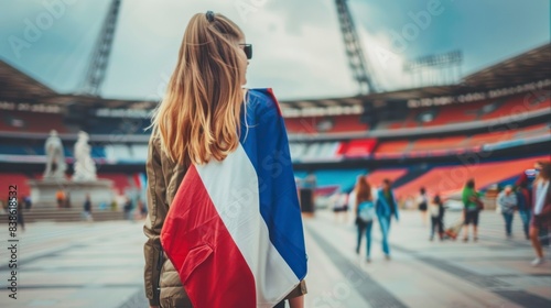 beautiful woman from behind with the flag of france inside the stadium photo