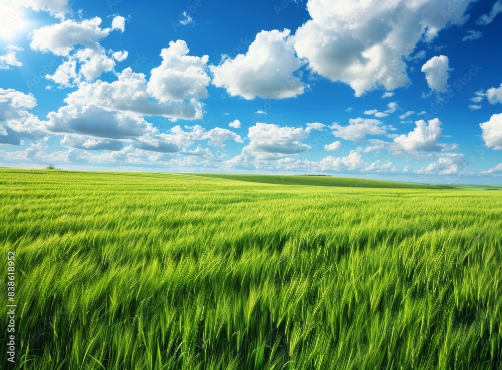 Green wheat field with blue sky and white clouds in the background landscape photography Green wheat field with blue sky and white clouds in the background landscape photography