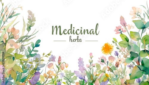 wild medicinal meadow flowers and grass on white background, horizontal pattern, watercolor painting, realistic illustration