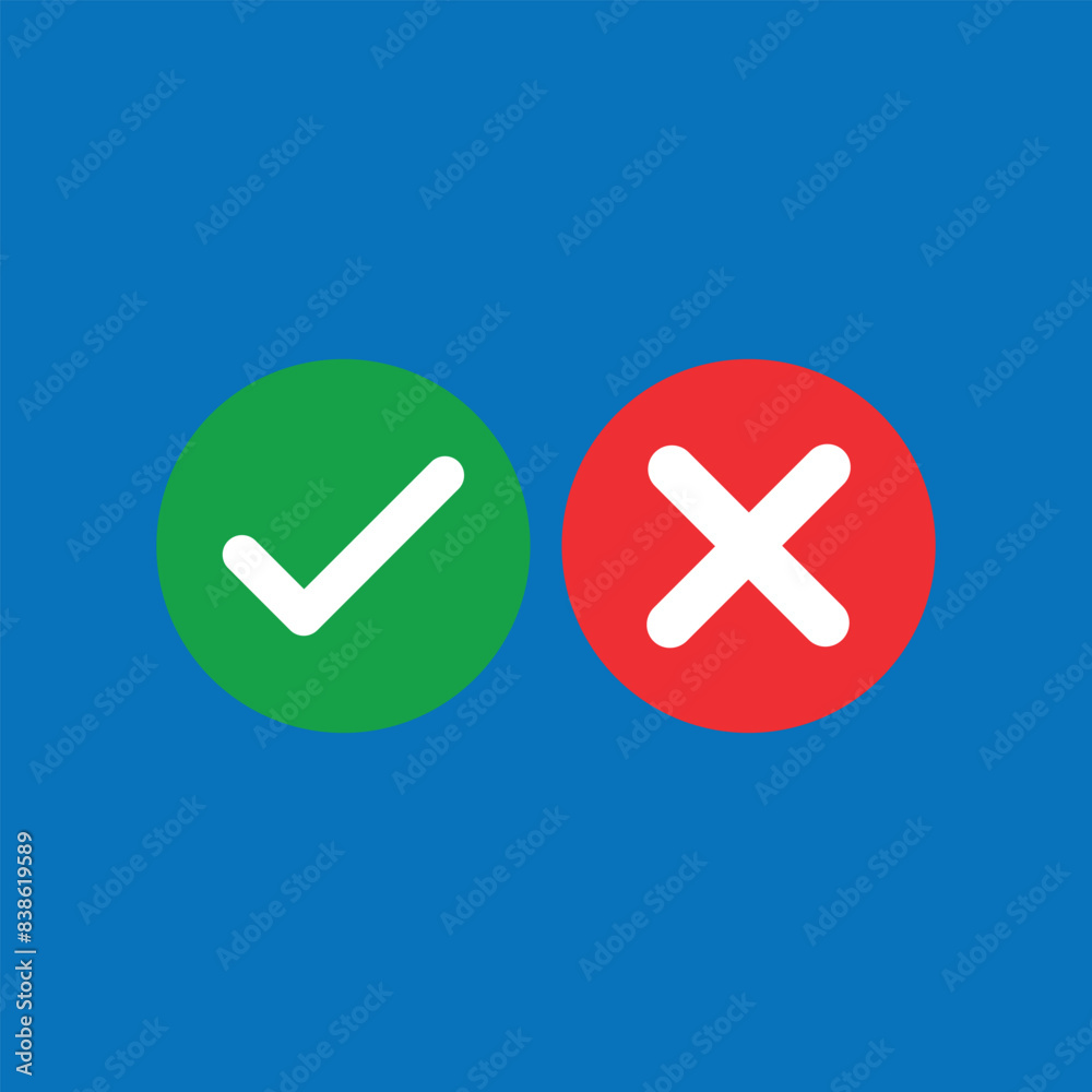 Obraz premium Check mark and cross icons on blue background. Icon illustration design element accept and reject, agree or disagree, add or delete