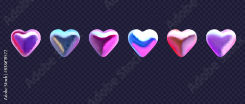 Realistic iridescent, holographic metal hearts. Vector illustration. Set of 3d design elements in y2k style isolated on dark background