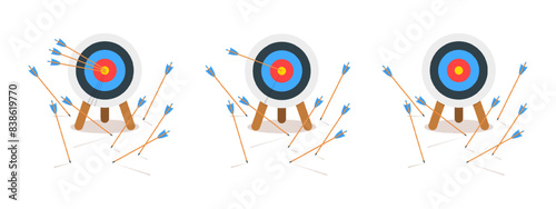 Set of archery dart boards with arrows hitting or missing bullseye. Sports game or business strategy. Success or failure, goal achieving or mistake concept. Vector cartoon illustration.
