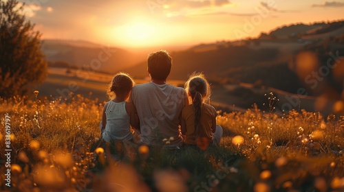 Cinematic photo of the back view father with his two daughters sitting on grass, in beautiful valley photo