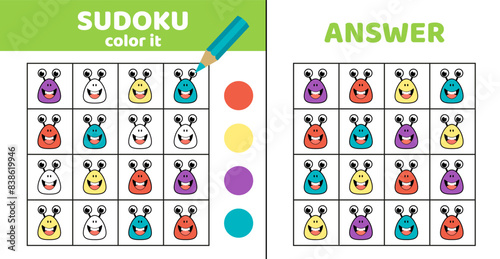 Sudoku with face of alien. Coloring sudoku with alien. Cartoon