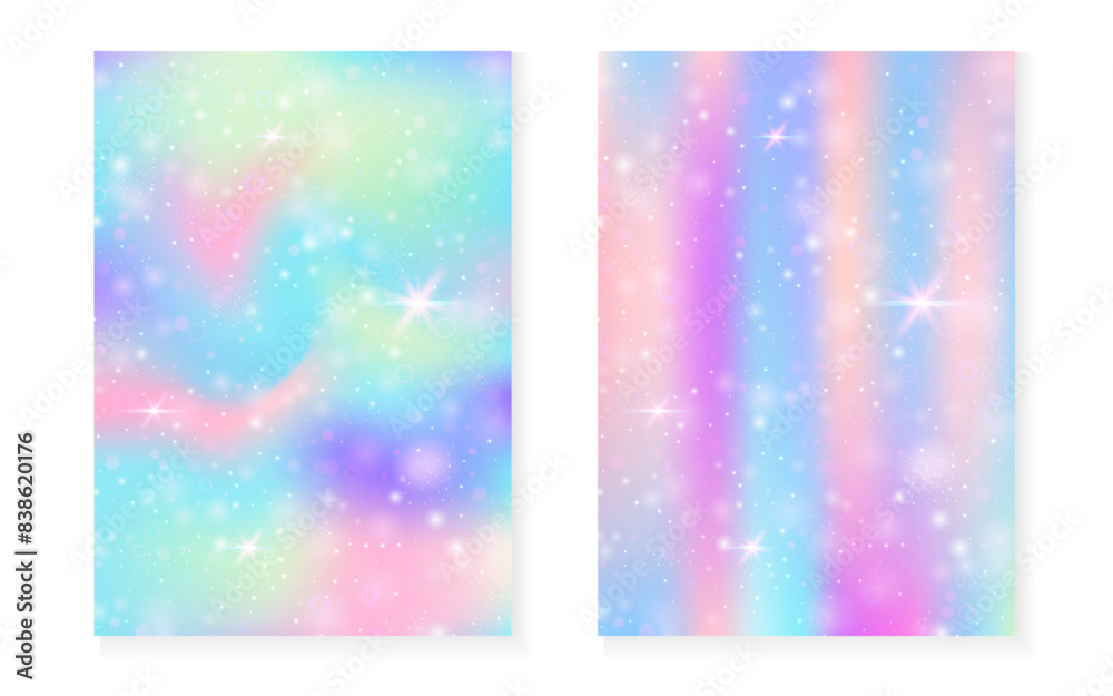 Princess background with kawaii rainbow gradient. Magic unicorn hologram. Holographic fairy set. Vibrant fantasy cover. Princess background with sparkles and stars for cute girl party invitation.