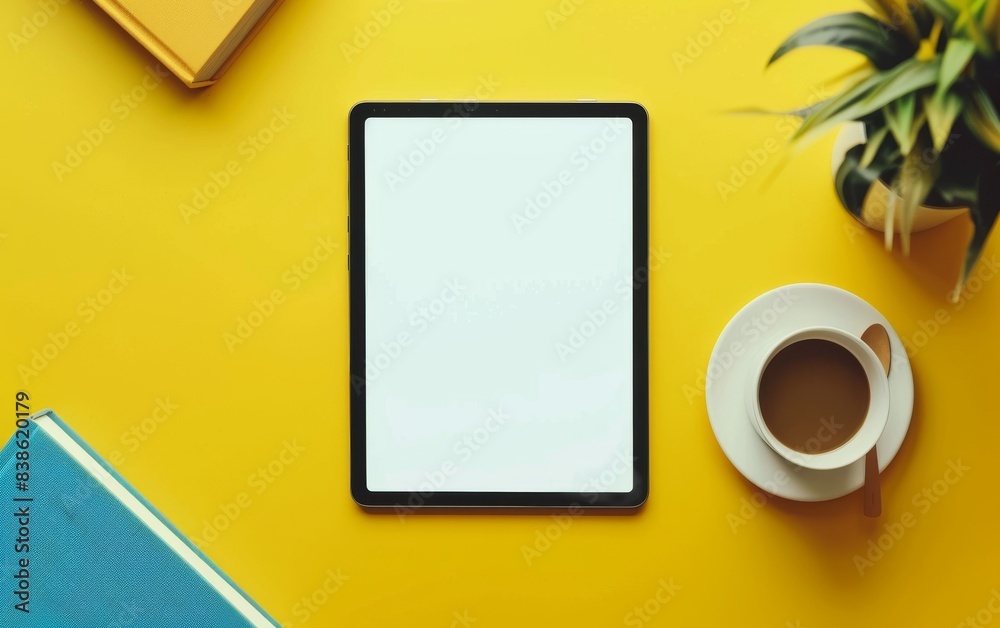 Modern yellow office desk with blank tablet mockup, coffee cup and books on pastel background. Modern yellow office desk with blank tablet mockup, coffee cup and books on pastel background.