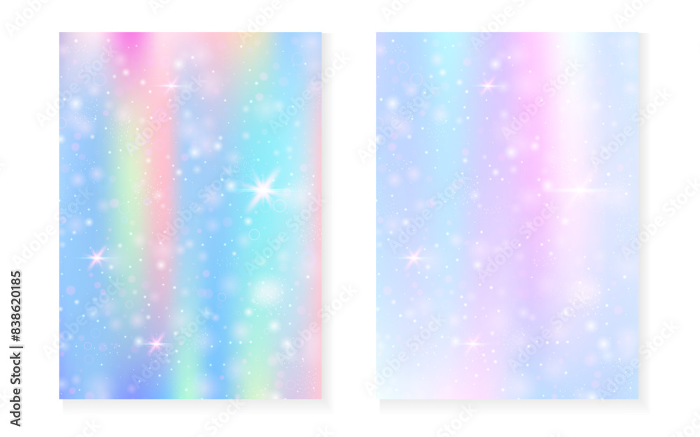 Magic background with princess rainbow gradient. Kawaii unicorn hologram. Holographic fairy set. Trendy fantasy cover. Magic background with sparkles and stars for cute girl party invitation. Magic background with princess rainbow gradient. Kawaii unicorn hologram. Holographic fairy set. Trendy fantasy cover. Magic background with sparkles and stars for cute girl party invitation.