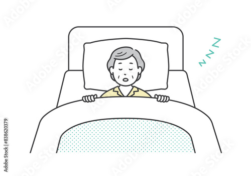 ベッドで熟睡するパジャマ姿の高齢女性のイラスト
