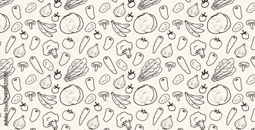食品・食材・野菜の手書き線画のベクターシームレス背景 Vector seamless backgrounds of hand-drawn and line drawings of food, ingredients and vegetables.