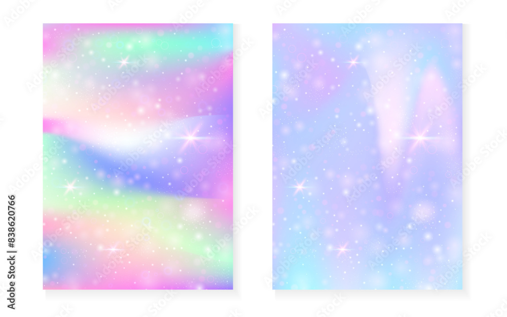 Magic background with princess rainbow gradient. Kawaii unicorn hologram. Holographic fairy set. Spectrum fantasy cover. Magic background with sparkles and stars for cute girl party invitation. Magic background with princess rainbow gradient. Kawaii unicorn hologram. Holographic fairy set. Spectrum fantasy cover. Magic background with sparkles and stars for cute girl party invitation.