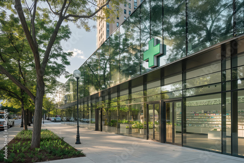 A modern pharmacy building with a glass facade and a green cross located in an urban area, showcasing contemporary architecture and symbolizing healthcare services