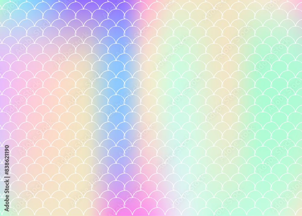 Mermaid scales background with holographic gradient. Bright color transitions. Fish tail banner and invitation. Underwater and sea pattern for girlie party. Creative backdrop with mermaid scales.