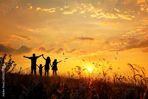 A family of four enjoys a golden sunset together