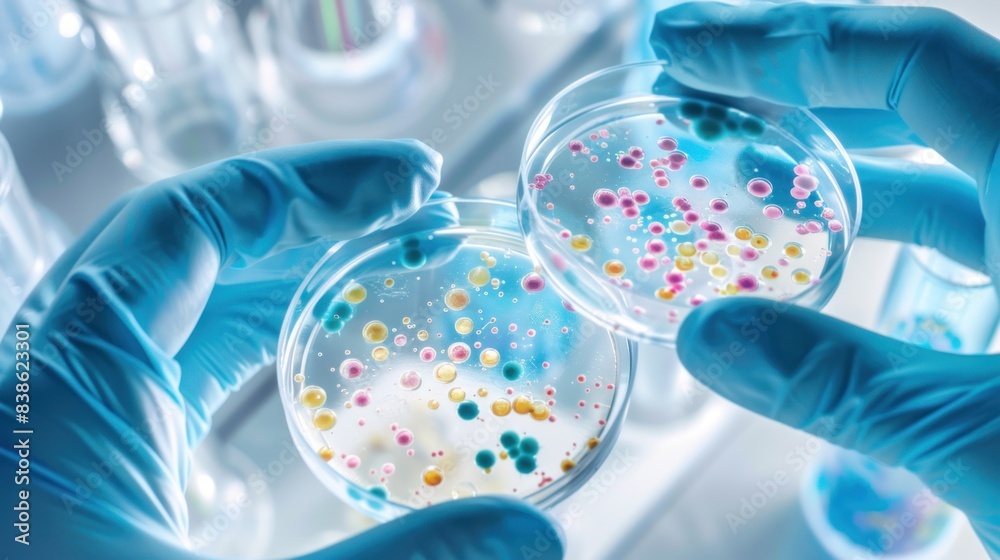 A scientist is holding a petri dish with a colorful substance in it.