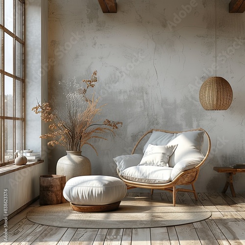 A clean white wall with nothing, a flowerpot, a picture on the floor, a round sofa photo