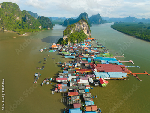 Aerial view of Panyee island in Phang Nga Thailand,High angle view  Floating village, Koh Panyee fishing village island in Phang Nga, Thailand photo