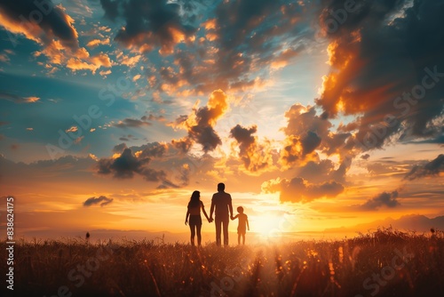 A family of three stands together in a field as the sun sets in the distance