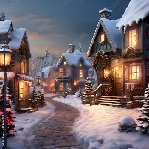 Merry Christmas and Happy New Year in a snowy village on a winter night © Iman
