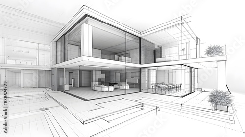 Home architecture interior project building or renovation refurbishment and restoration contractor service, mixed realistic and structural drawing wireframe line as wide banner © Ziyan