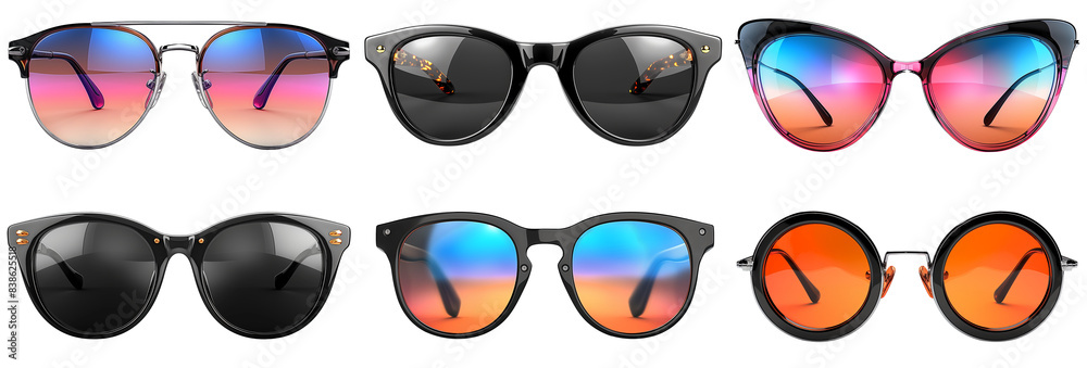 Sunglasses set. Plastic and metal sunnies of different shapes, summer fashion accessories isolated on transparent background. Cut out sun protection glasses Sunglasses set. Plastic and metal sunnies of different shapes, summer fashion accessories isolated on transparent background. Cut out sun protection glasses