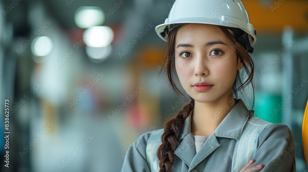 腕組みをする女性の作業員 腕組みをする女性の作業員