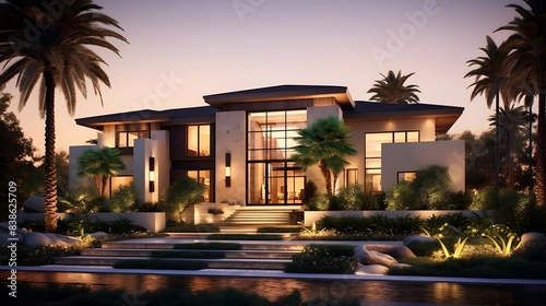 Luxury villa with palm trees at sunset. Panorama © Iman