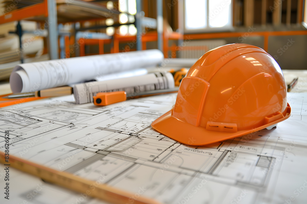 Orange safety helmet with blueprint. Orange safety helmet with blueprint.