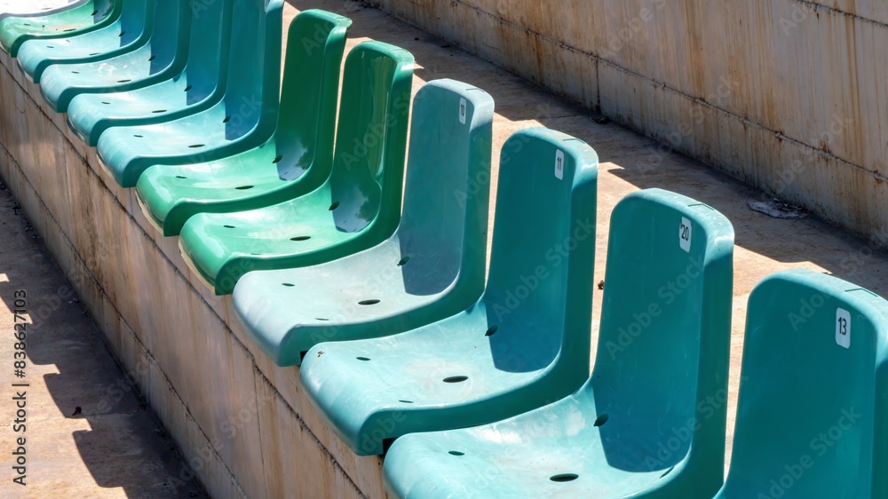 Fototapeta premium A row of green chairs are lined up in a row