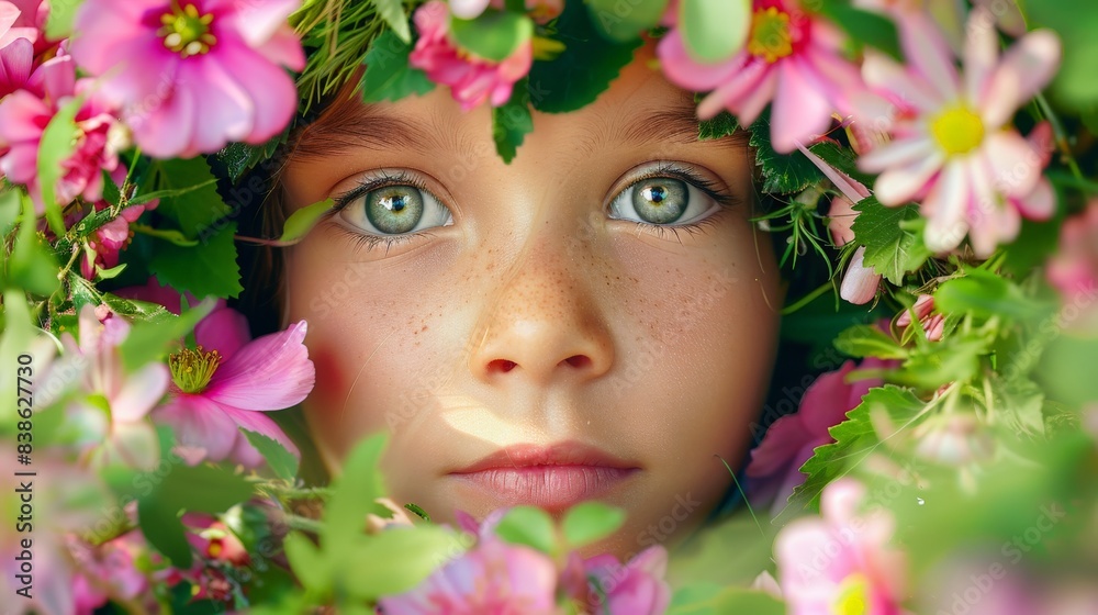 A child face blended with blooming flowers symbolizing hope for a greener future and the importance of nurturing nature