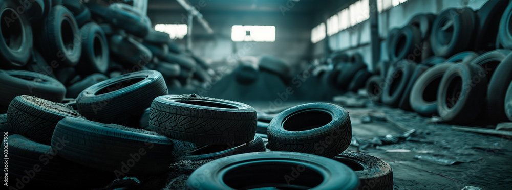 Piles of car tires in factory storage area. Concept Industrial Waste Management, Recycling Practices, Synthetic Rubber Production, Tire Manufacturing Piles of car tires in factory storage area. Concept Industrial Waste Management, Recycling Practices, Synthetic Rubber Production, Tire Manufacturing
