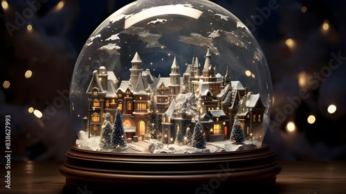 Snow globe with christmas village in the background. 3d rendering