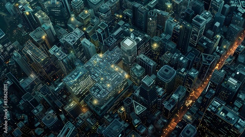 Satellite view of a sprawling digital metropolis  buzzing with electronic life and interconnected data streams
