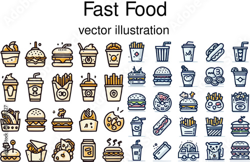 Set of line icons in linear style. Series - Fast food and drinks. Food court, food and quick meals.Outline icon collection. Conceptual pictogram and infographic