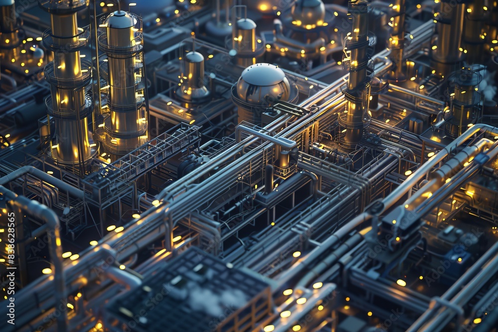 Lots of industry pipelines inside refinery complex. Postproducted generative Lots of industry pipelines inside refinery complex. Postproducted generative