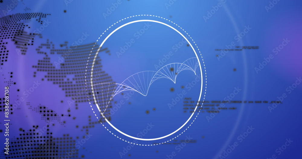 Image of spinning dna structure, spinning globe and data processing against blue background Image of spinning dna structure, spinning globe and data processing against blue background