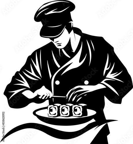 Chef Preparing Sushi in Artistic Illustration Style