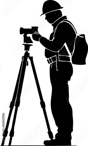 Silhouette of a Surveyor with Tripod and Equipment