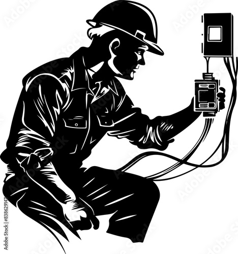 Illustrated Electrician Working with Control Panel