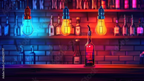 Bar background with three hanging light bulbs and bottles in red, orange and blue colors. Bar counter on the foreground. Concept of retro style bar or cocktail party photo