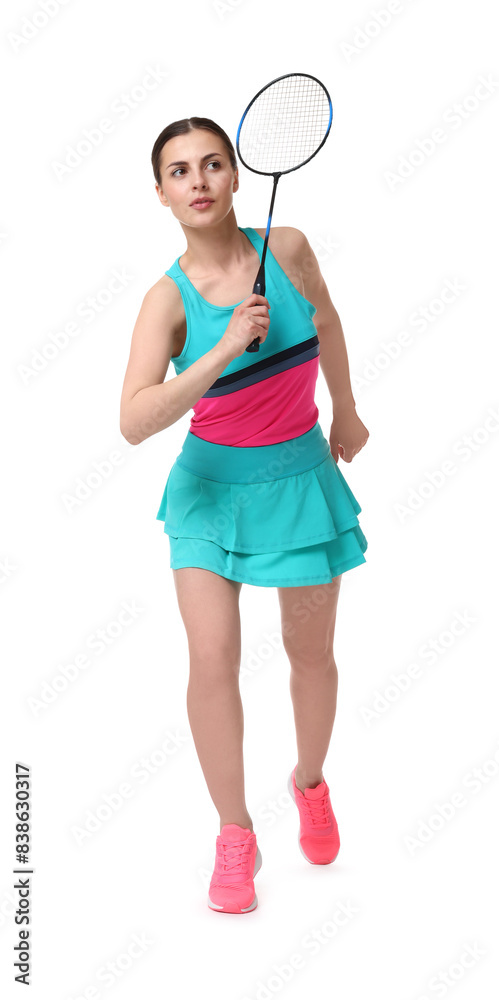 Young woman playing badminton with racket on white background Young woman playing badminton with racket on white background