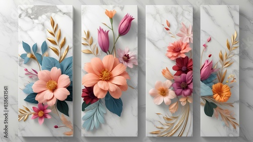 3D art of live flowers on marble background