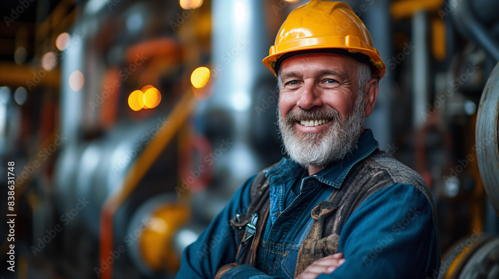 Happy construction worker with a hard hat, smiling in an industrial setting, representing professional dedication and experience Happy construction worker with a hard hat, smiling in an industrial setting, representing professional dedication and experience