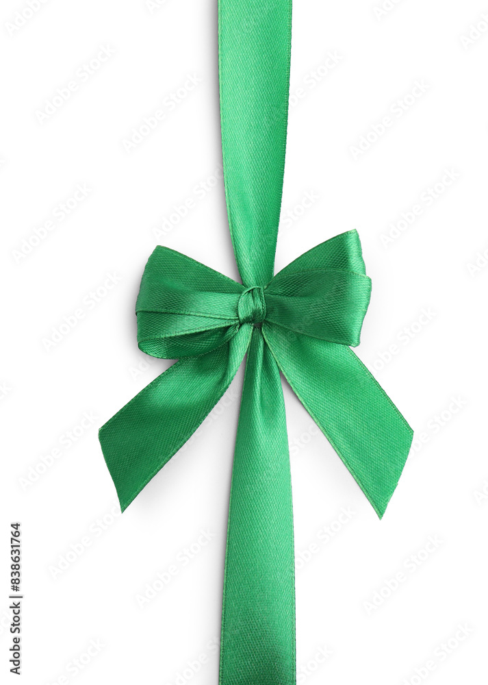 Green satin ribbon with bow isolated on white, top view Green satin ribbon with bow isolated on white, top view