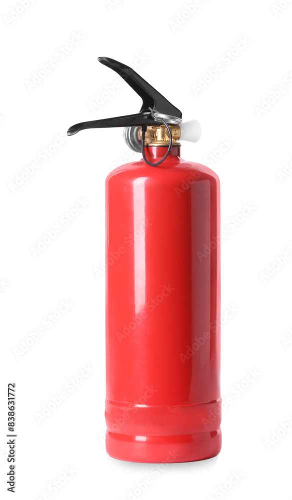 One red fire extinguisher on white background One red fire extinguisher on white background
