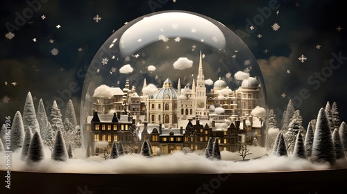 Snow globe with Christmas town panoramic view. 3D rendering © Iman