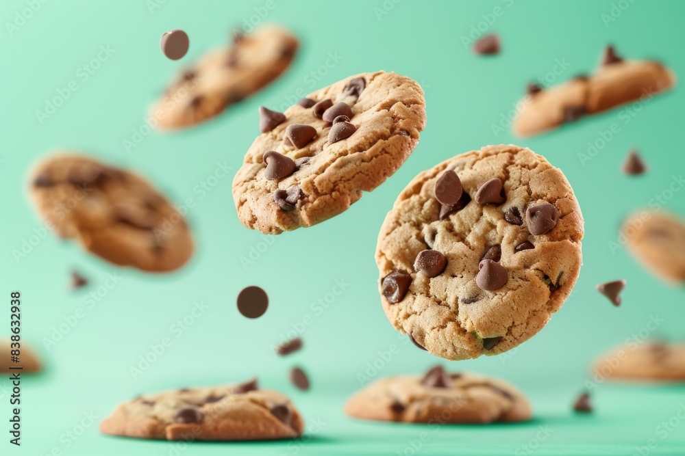 Chocolate chip cookies floating in air on green background. Chocolate chip cookies floating in air on green background.